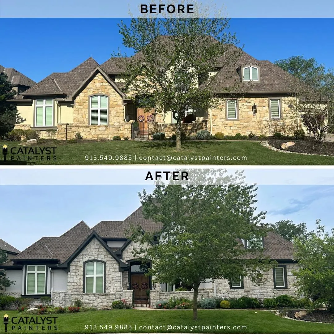 Before and after of a stone and stucco home repainted by Catalyst Painters, from tan to white with dark trim