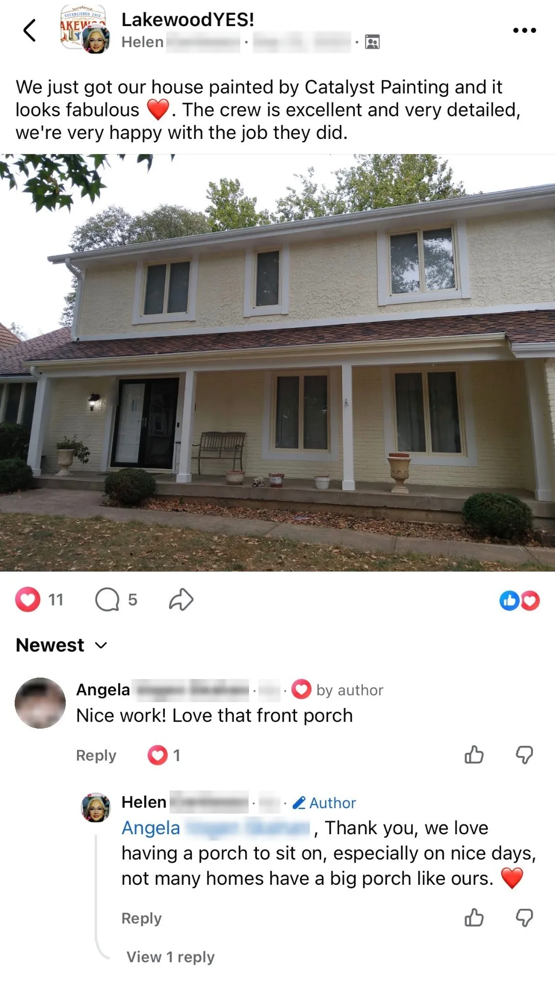 Helen's post in a Lakewood community group saying Catalyst Painting's crew was excellent and very detailed, with a photo of her home