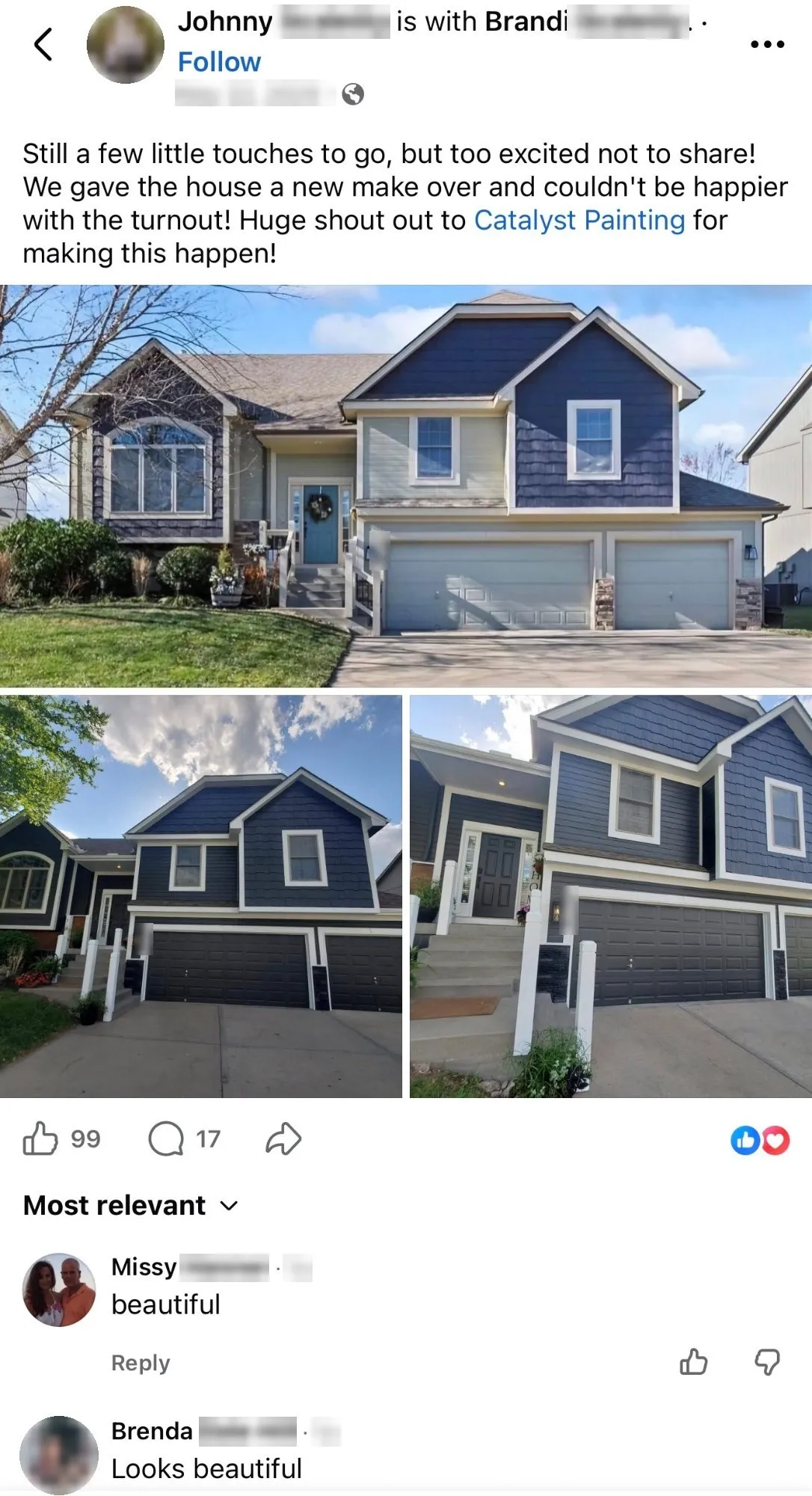 Johnny and Brandi's Facebook post thanking Catalyst Painting for their home's makeover, with photos of the finished exterior