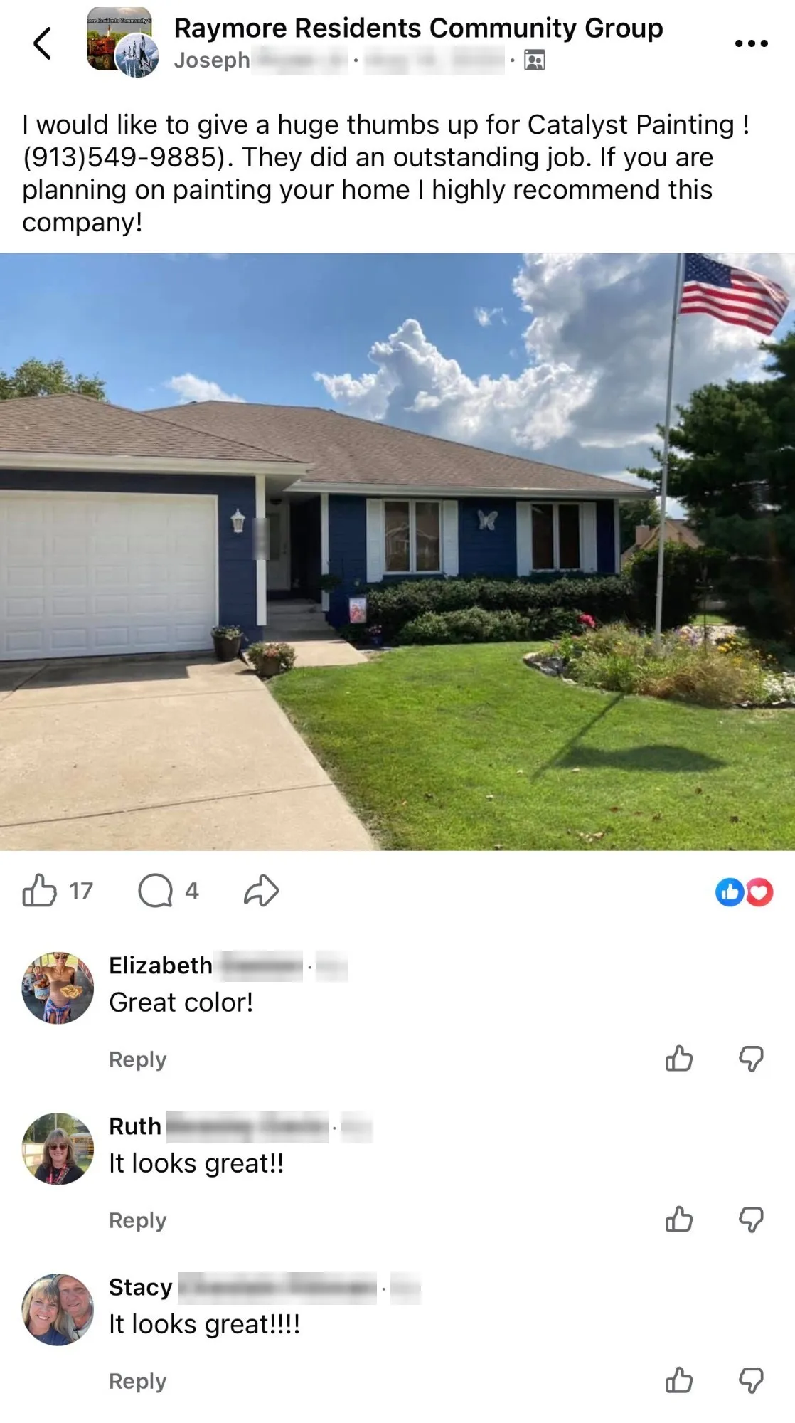 Joseph's post in a Raymore community group giving Catalyst Painting a huge thumbs up, with a photo of his freshly painted home