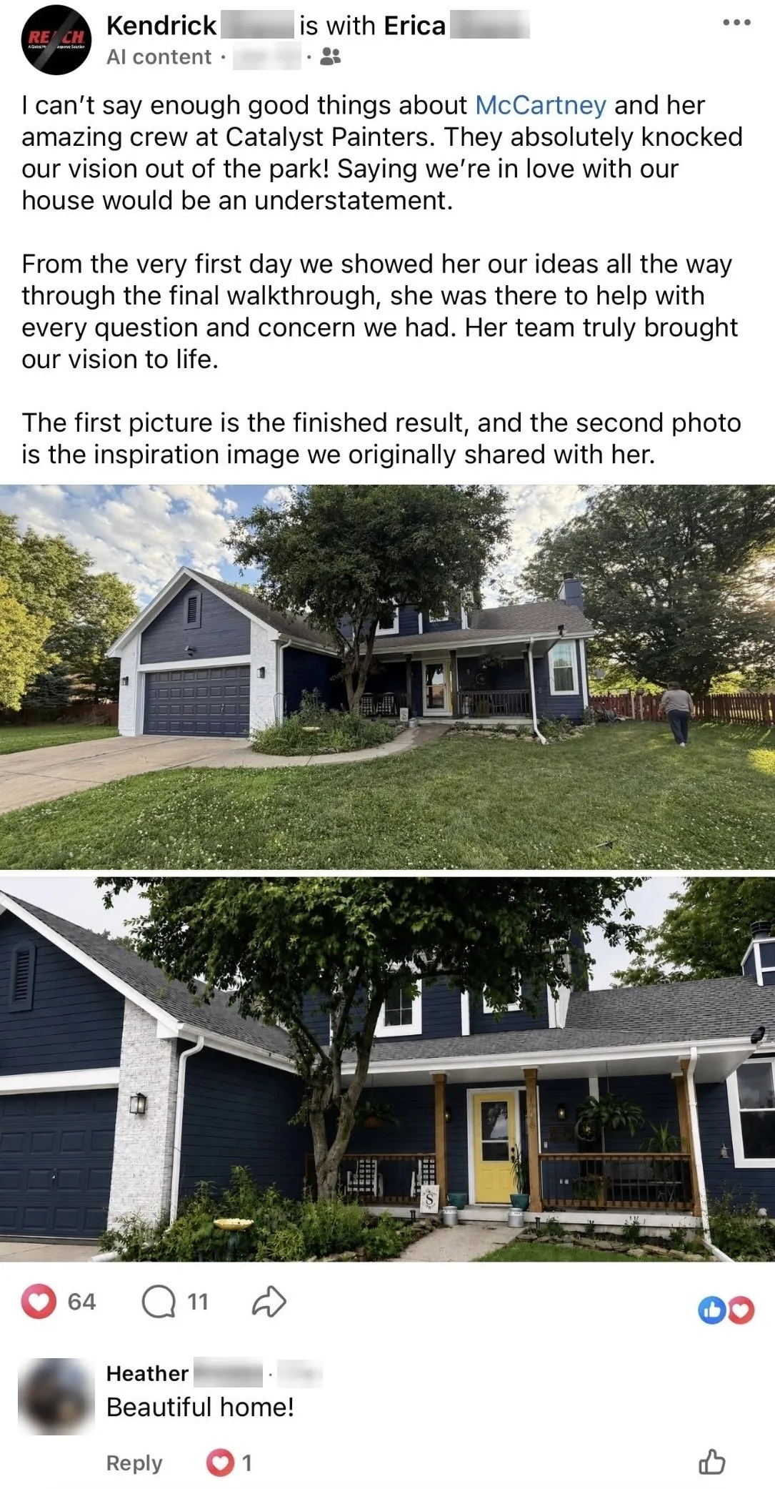 Kendrick and Erica's Facebook post praising McCartney and the Catalyst crew, with photos of their finished home and the inspiration image