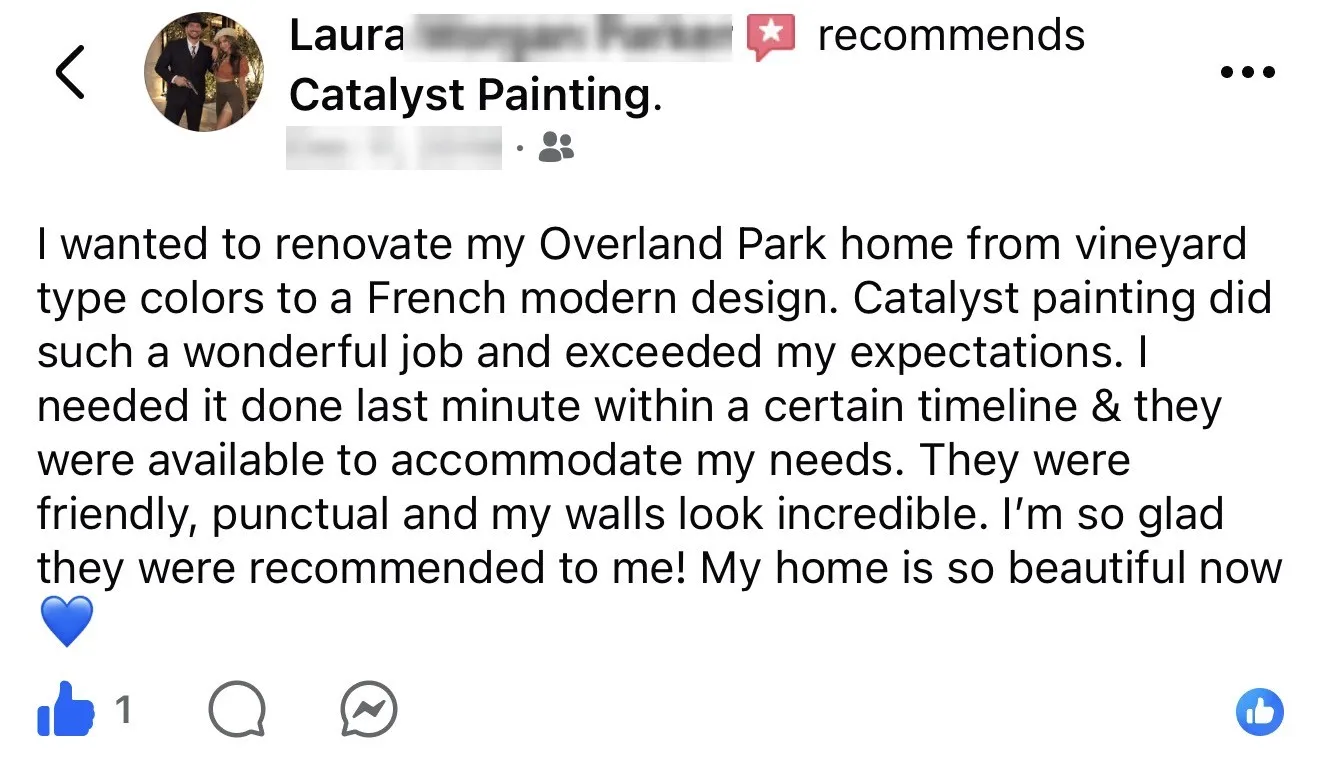 Laura's Facebook recommendation of Catalyst Painting for her Overland Park home