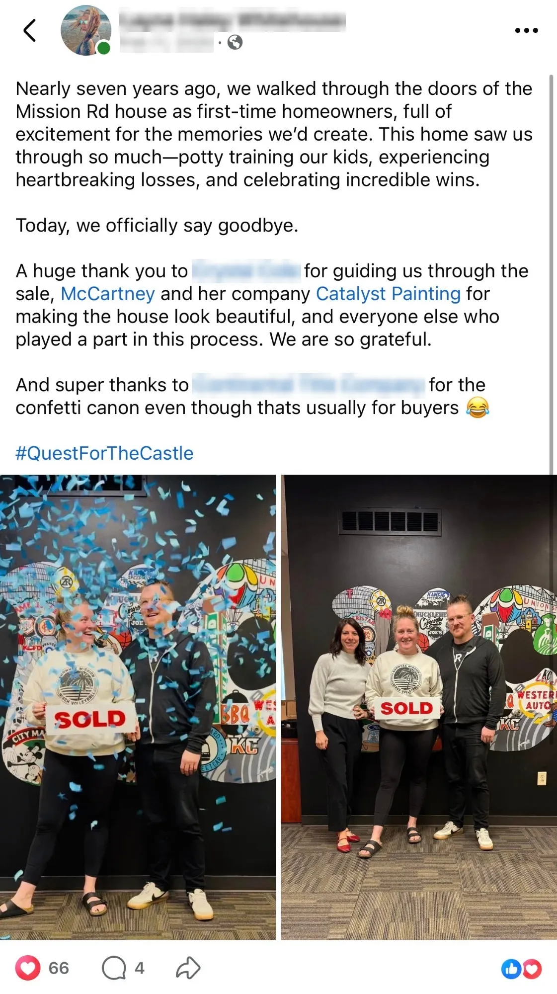 A client's Facebook post thanking McCartney and Catalyst Painting for making their house look beautiful for its sale